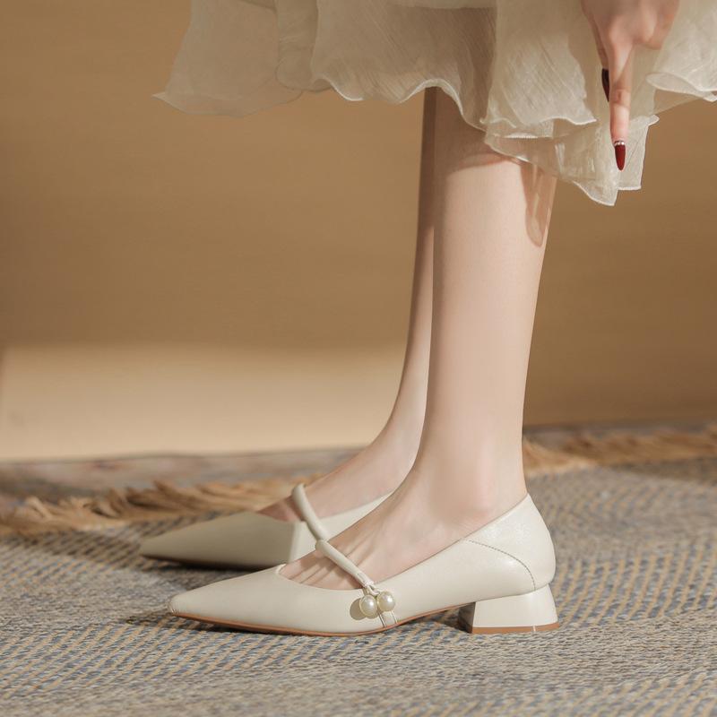 Soft leather low heel pointed toe nude Mary Jane shoes cheongsam single shoes new thick heel high heels women's shoes single shoes summer