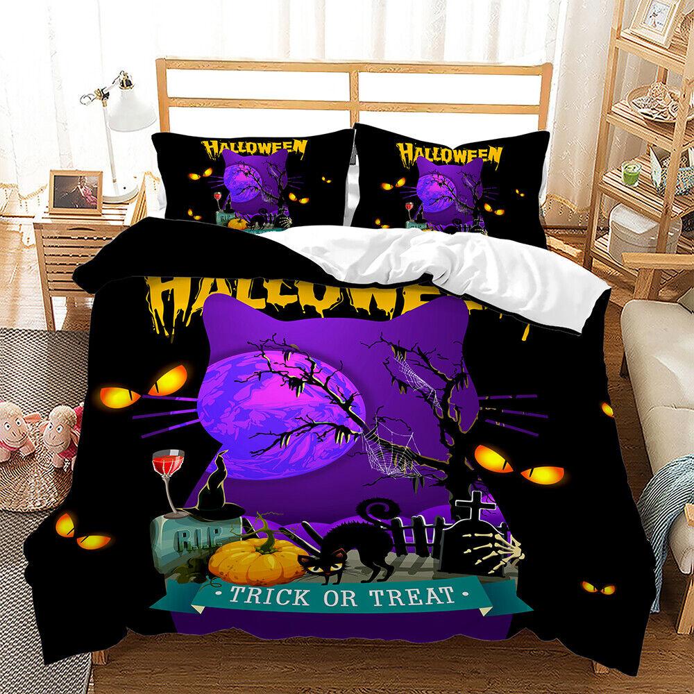 Pumpkin Lantern Halloween Ghost Witch Black Cat Doona Duvet Quilt Cover Bed Set