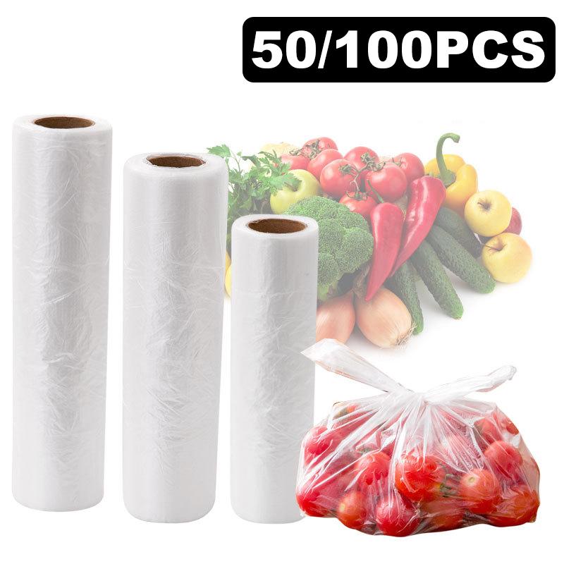 50/100 Pcs Transparent Roll Fresh-Keeping Plastic Bags Of Vacuum Food Saver Bag 3 Sizes Portable Food Storage Bags With Handle