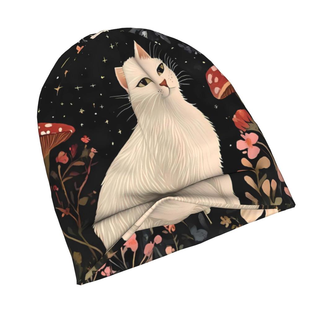 2D Flat Printing Moonlight White Cat with Flower Daily Style Knit Hat for Adults Perfect for Weekend Errands Quick Meetups Or Everyday City Wear with