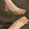 New square head thin heel gold sandals women's rhinestone open-toe one-word strap niche high heels