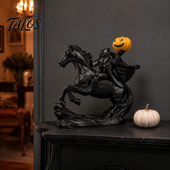 Festival Party Supplies Headless Horseman Statue with Pumpkin, Horror Knight Holding Pumpkin Handmade Resin Craft Ornament, Halloween Horse Sculpture