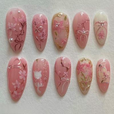 Three-dimensional Lines Flower Gradual Change Bow Sweet Powder Flash Diamond Pearl Removable Manicure 24 Pieces