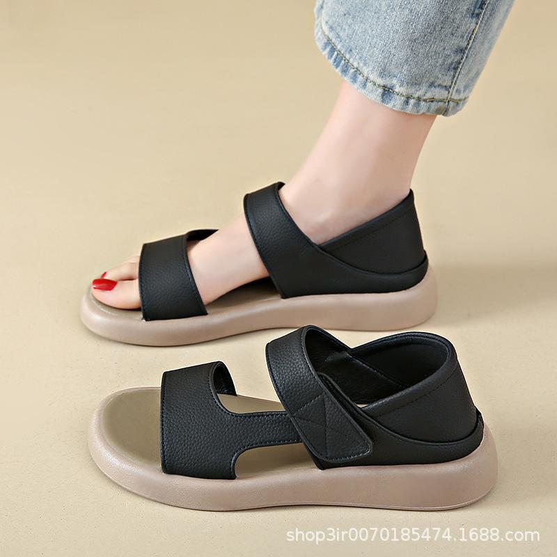 Foreign trade Velcro Roman beach sandals female 2024 new Internet celebrity fairy wind pregnant woman round head flat bottom cool slippers