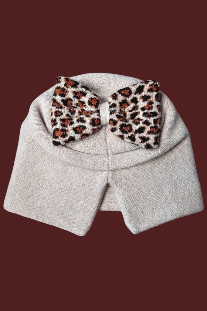 Winter Woolen Hat with Leopard Bow, Beige Kamea-Kiku