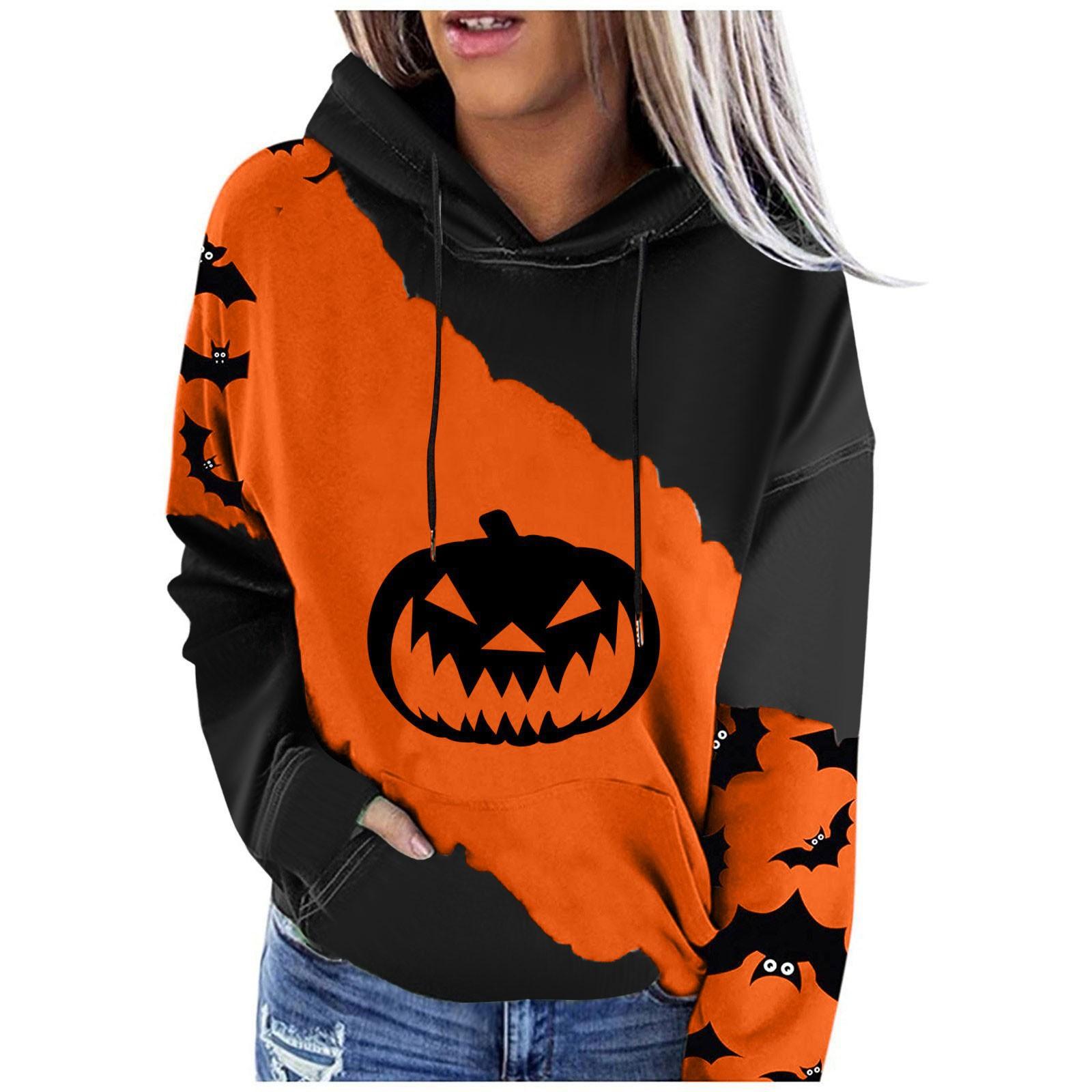 

Женский повседневный модный пуловер с длинным рукавом и принтом Хэллоуина с капюшоном XXL имбирный