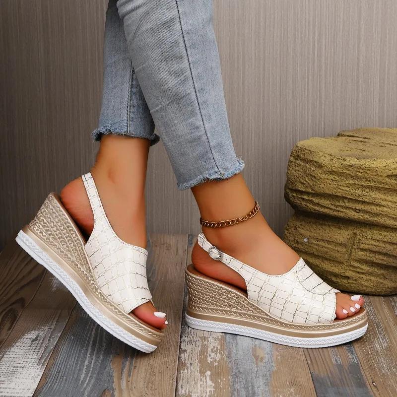 Sandały damskie na koturnie, klamra jednorzędowa, obcas 7,5 cm, wysokie buty damskie, rekreacyjne, duże rozmiary, zwięzłe, dojrzałe, 2025 Sandalias De Mujer