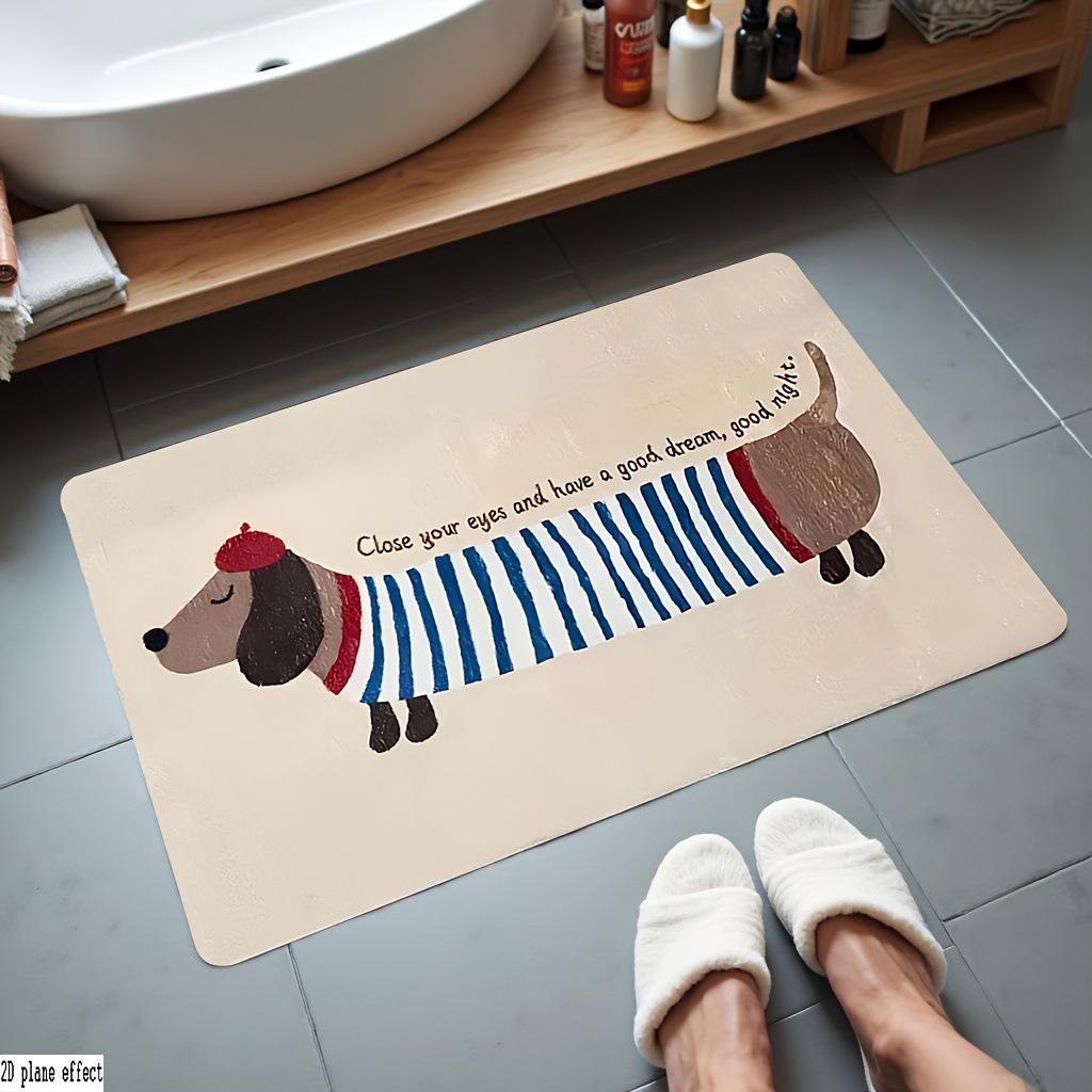 Cartoon Dachshund Flannel Floor Mat: Dirt-Resistant, Water-Absorbent, Non-Slip Bedside Rug, Easy-to-Clean.