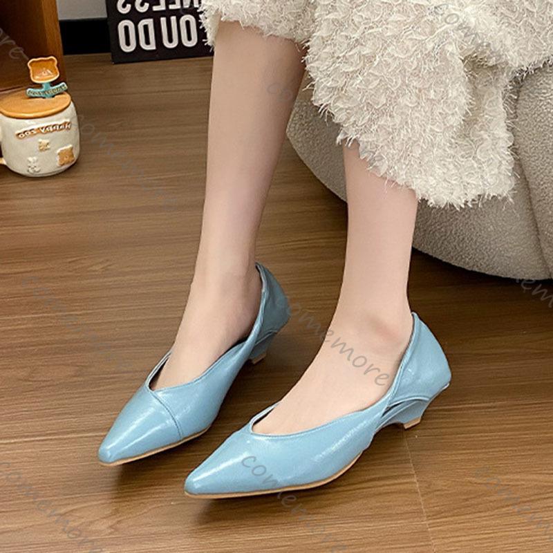 Comemore Shoes for Women Spring Autumn Low Heels Single Shoe Casual Solid Color Slip on Pumps Soft Leather Cat Heel Women's Shoe