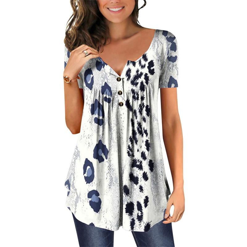 Summer Women's Short Sleeve Floral 3D Printed Buttons T Shirt Ladies Plus Size Top