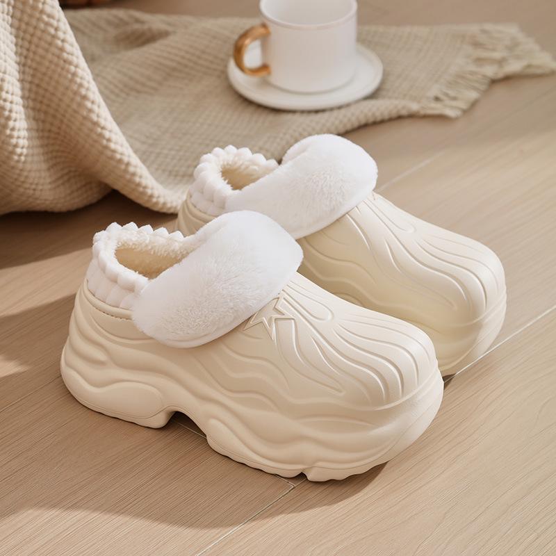 Women's EVA Waterproof Thick-Soled Plush Cotton Slippers, Non-Slip High-Heel, Warm Indoor Shoes for Autumn & Winter