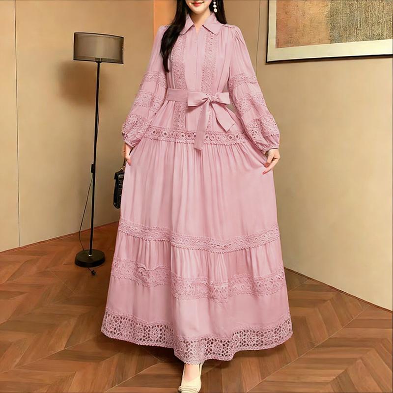 ZANZEA Women Casual Turn Down Collar Long Sleeve Elegant Lace Splice Long Dress