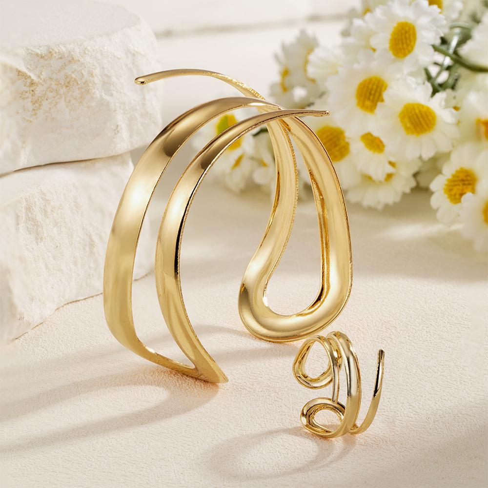 Smooth Bracelet and Ring Set Exaggerated Open Bangle Jewelry  for Party, Daily Wear
