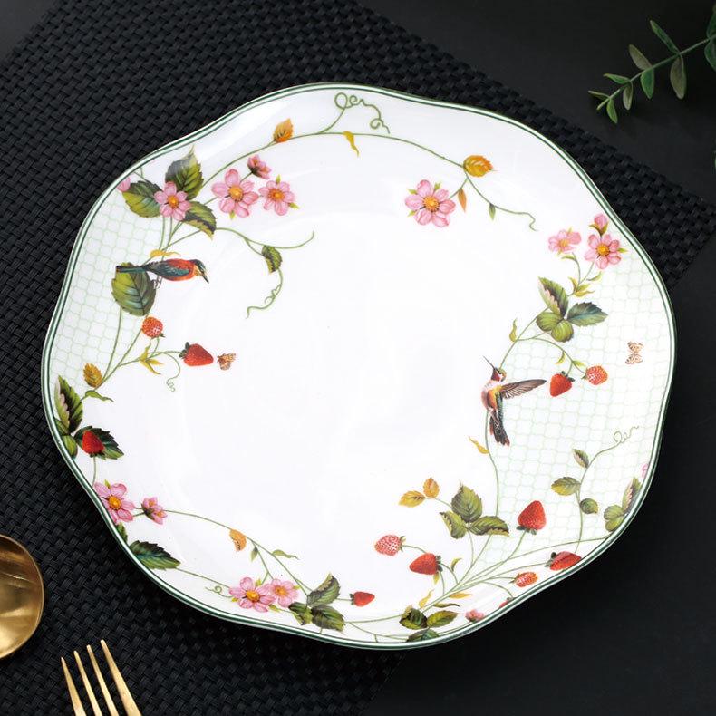 Wild Strawberry Bone China Tableware Set: Ceramic Bowls, Plates, Coffee Cups, and Tea Accessories.