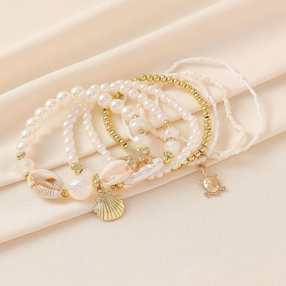 7pcs/Set Faux Pearl Stackable Bracelets Sea Shell Pearl Beaded Bracelets  Beach Holiday