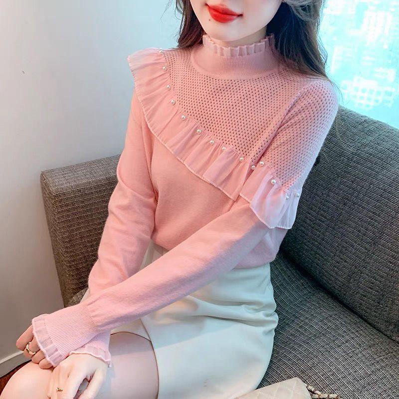 Women's Autumn/Winter Beaded Patchwork Long Sleeve Semi-High Neck Knitted Top