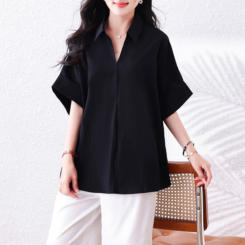 

DIMANAF 2025 Лето Батал Шифоновая Блузка Оверсайз Футболка Однотонная Женская Свободные Топы Футболки Мода Новая Рубашка 5XL чёрный