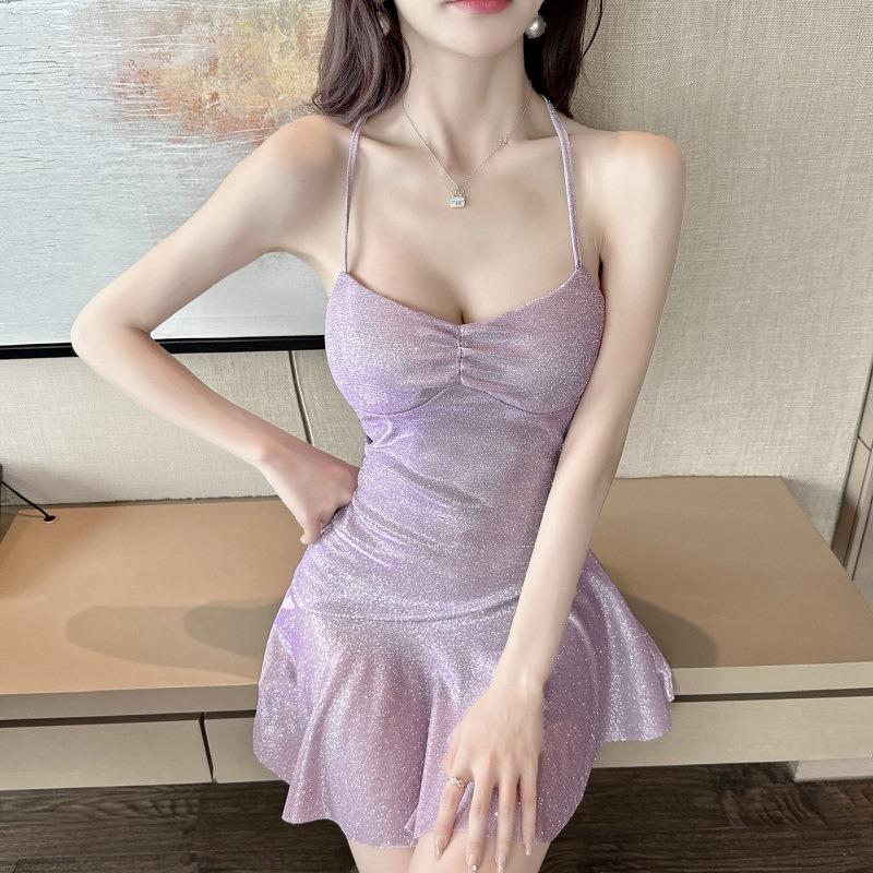 Spice girl sexy big halter shiny dress low cut dancing holiday suspender skirt night work clothes summer