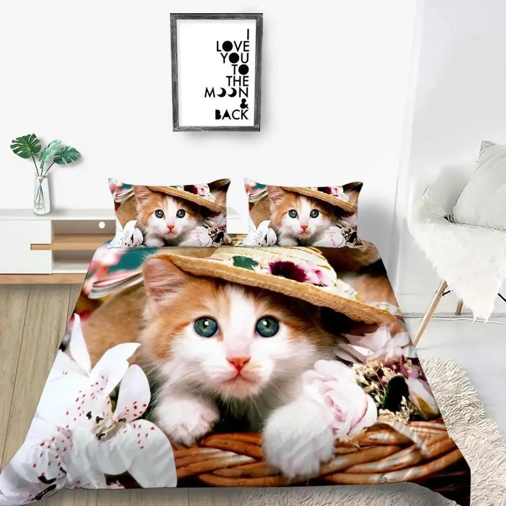 Set Husă Plapumă Pisică Mărime King Microfibră Imprimeu Animal Drăguț Fată Adolescent Băiat Husă Plapumă Model Serie Pisicuță Drăguță Set Lenjerie de Pat