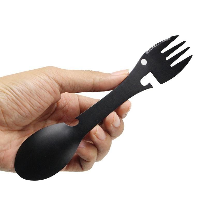 5 i 1 multiverktygsgaffel i rostfritt stål Spork Picnic Camp Multi Tool Bestick Bestick Burköppnare
