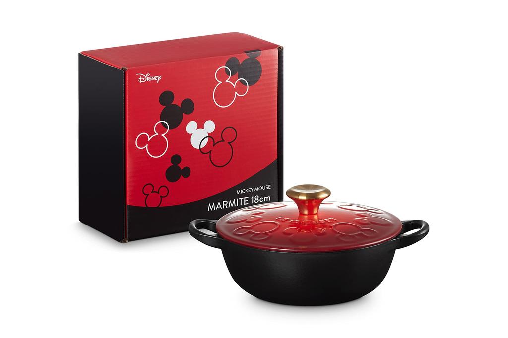 LE CREUSET Disney Mickey Mouse Marmite 18cm Cherry Red with Matte Black and Gold Knobs [Official Japanese Product]