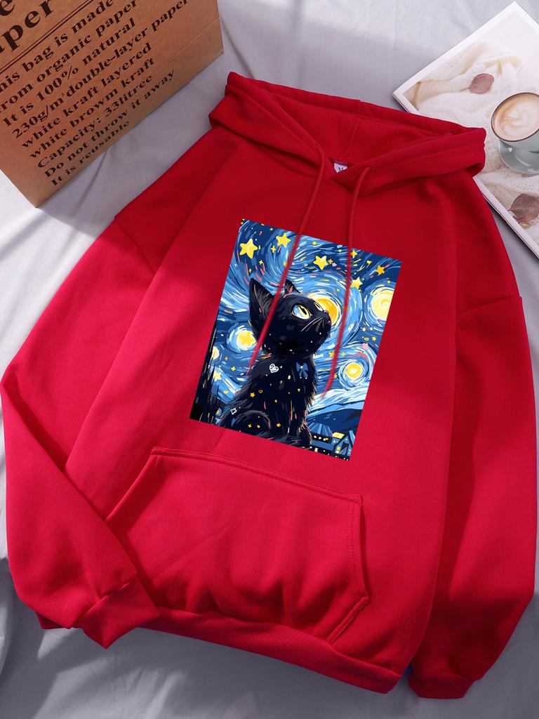 Van Gogh'S Starry Cat Printing Hoodies Women Basics Sporty Hoody Fleece Warm Soft Sweatshirt Casual Pocket Womans Sportswear