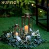 NUPTIO Vintage Lanterns Decorative Indoor: 9.5 inches Tall Hanging Farmhouse Metal Lantern Decor with Glass - Gold Distressed Candle Holder for