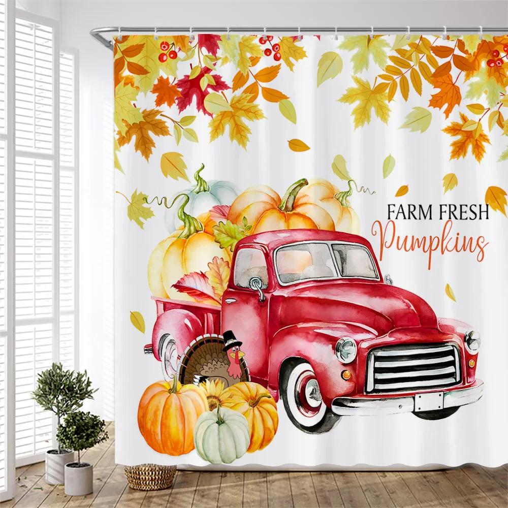 Autumn Shower Curtain Set Maple Leaf Pumpkin Farm Blue Truck Sunflower Thanksgiving Shower Curtain for Bathroom Decor Fabric