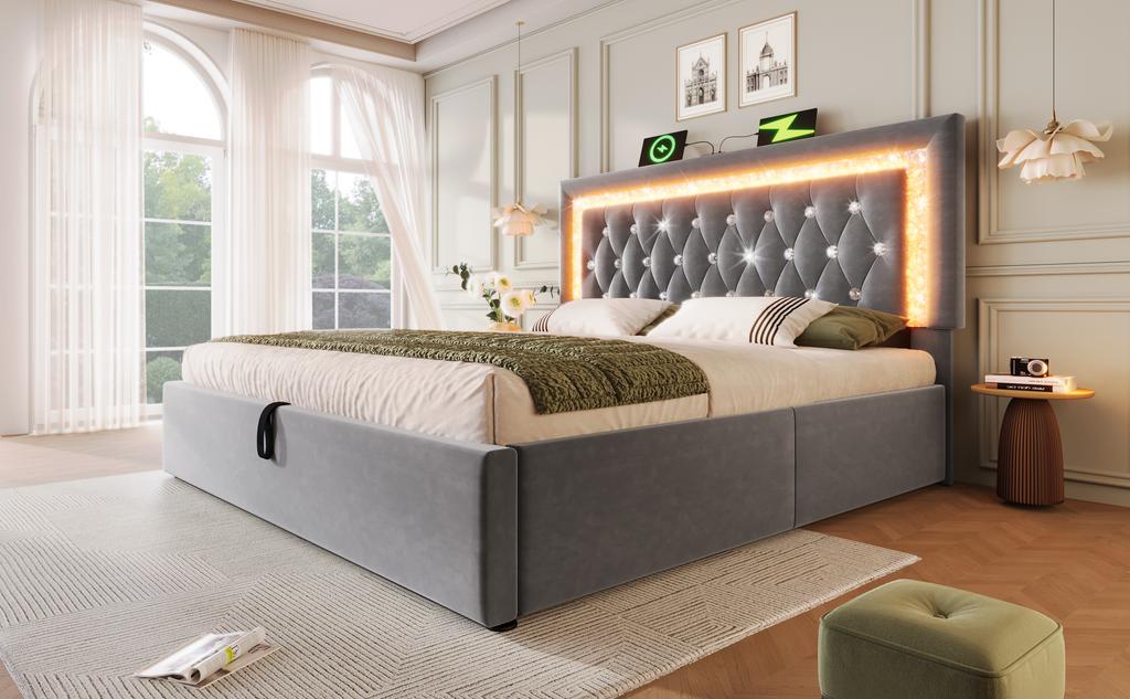 Polsterbett 180x200 cm Samt mit LED-Diamantstreifen, USB- & Typ-C-Ladestation, Stauraum, Lattenrost, grau (ohne Matratze)