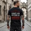 Men's Black Short-sleeve Crew Neck Tee with Bold Red and White Norse-inspired Graphic Print Featuring Wolves, Runes, and German Text — Soft Cotton