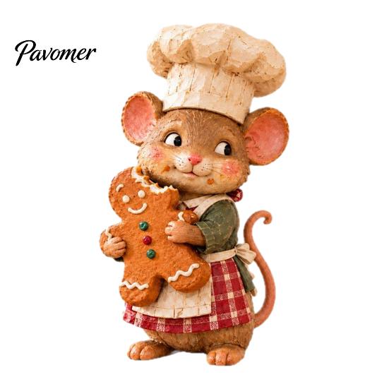 Gingerbread Baker Statue Mouse Figurine, Whimsical Hand-painted Mice with Cookie, 6.7'' Cottagecore Cute Chef Ornament Xmas for Mantel Tabletop