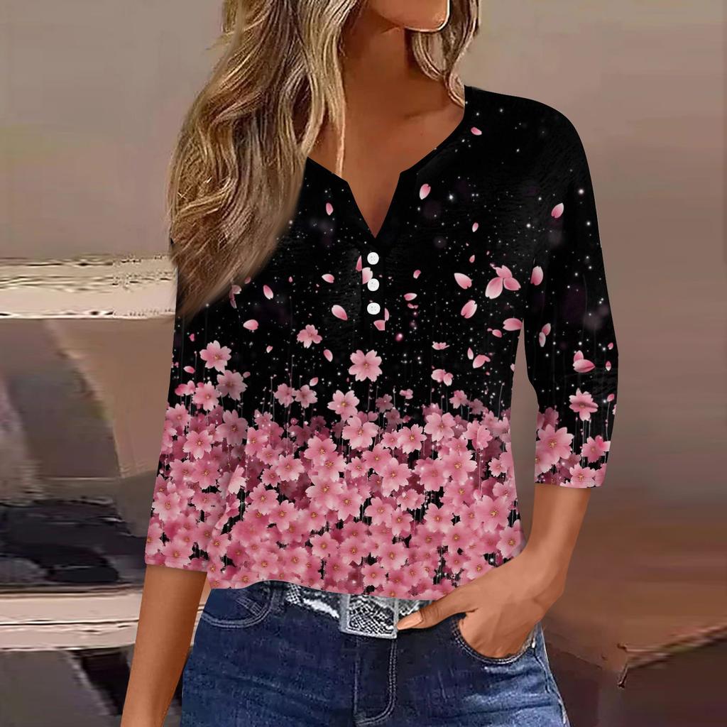 Women's T Shirt Tee Print Button 3/4 Sleeve Daily Weekend Fashion Basic V- Neck Regular Top