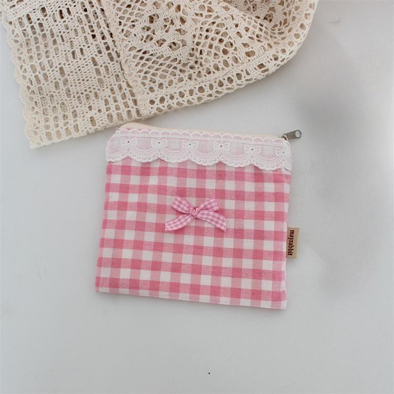 Ins Cute Plaid Coin Purse Sweet Lace Storage Bag Sanitary Napkin Bag High-value Lipstick Cosmetic Bag