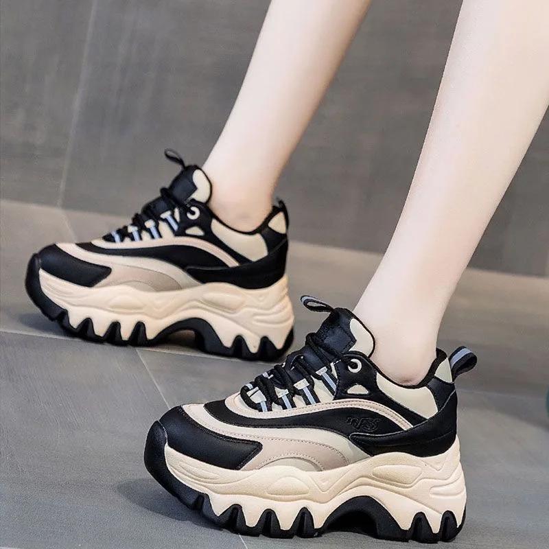 Women's Sneakers Fashion Leather Casual Shoes 7cm Height Increasing Sports Shoes for Women Lace Up Platform Shoes Zapatos Mujer