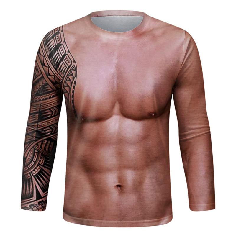 Spring and Autumn Round Neck Funny Fake Muscle Graphic 3D Printed Top Fashionable Casual Running Long Sleeved Men's T-shirts