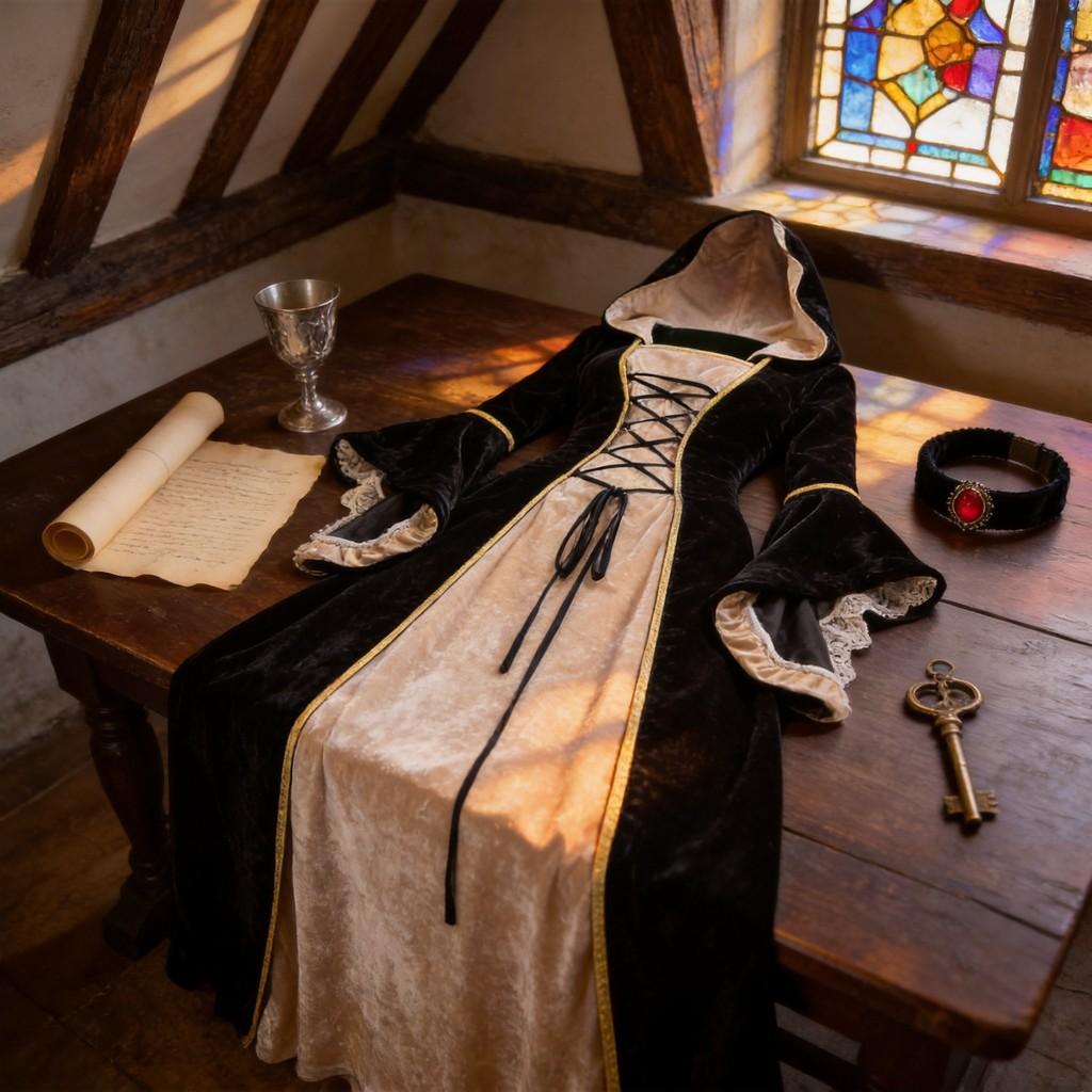 Medieval Vintage Court Dress With Velvet Fabric And Puff Sleeves For Halloween Costume Enthusiasts