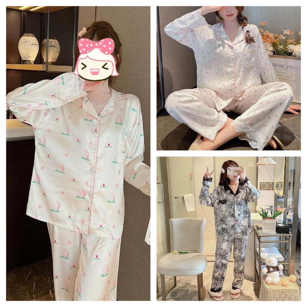 2-Pcs Women's Pajamas Spring Autumn Print Pyjama Faux Silk Satin Sleepwear Long Sleeve Trousers Button Pijama Homewear Thin New