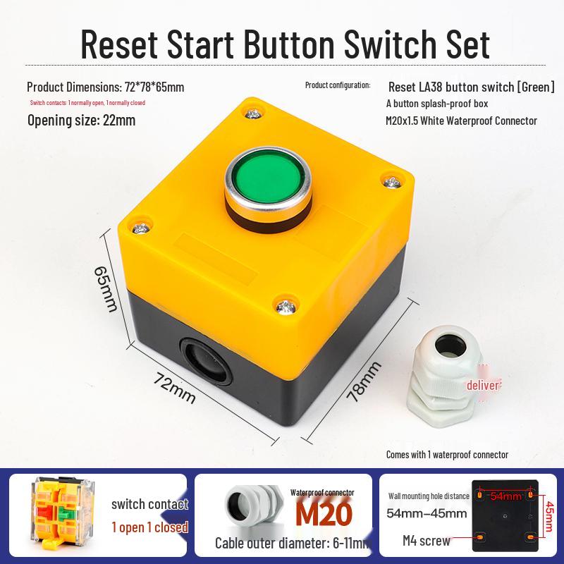 22mm Waterproof 220V Button Switch Combo: Start/Stop/Emergency Stop/Power Indicator Light