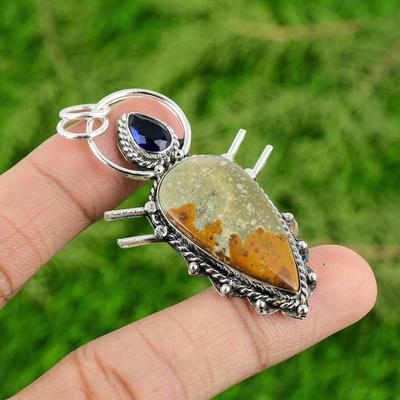 Natural Polychrome Jasper Gemstone Pendant Gray 925 Sterling Silver Jewelry