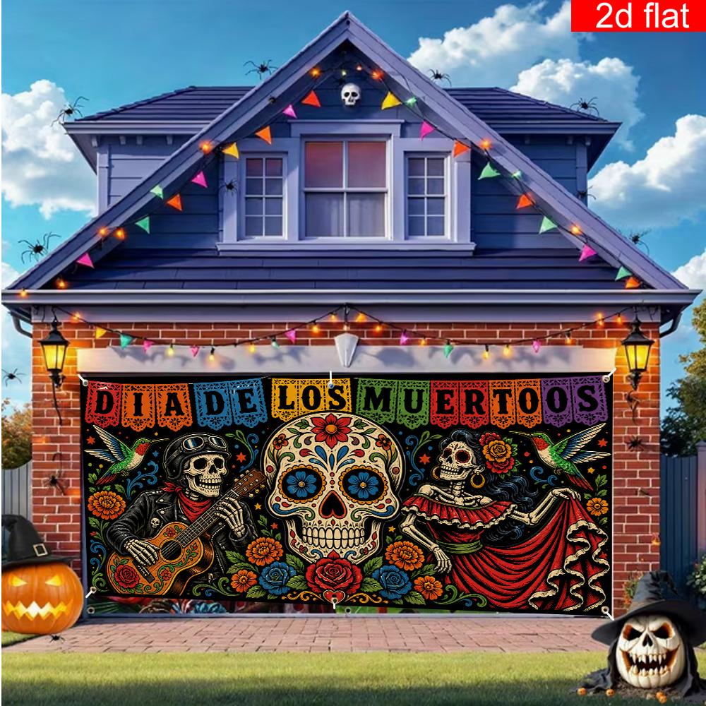 2D Flat Banner 1 Piece Halloween-themed Garage Door Cover Party Banner Polyester Day of the Deadzyc