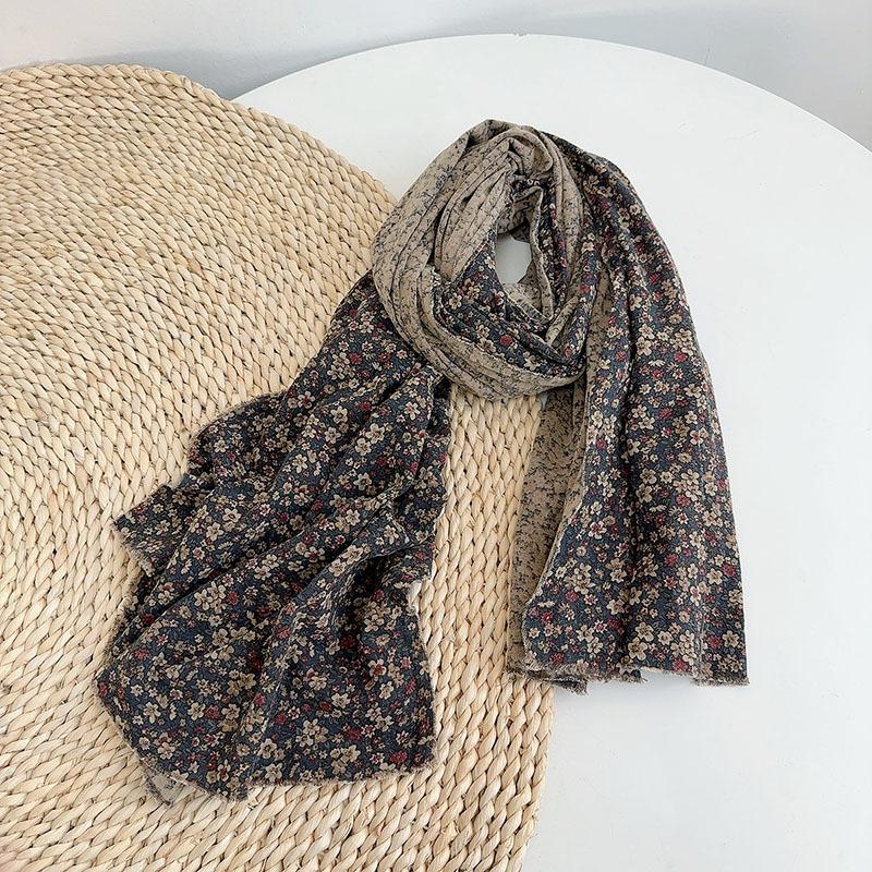 Retro Floral Long Cotton Scarf Soft Neck Protection Warm Triangle Shawl Head Wrap Multi-Functional Print Design for All Ages