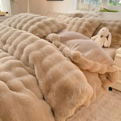 Conjunto de Cama de Pele de Coelho Cinza 4 peças Espesso Pelúcia Leite Inverno Capa de Edredom Lençóis Quentes, Conjunto de Quatro Peças Tamanho Queen Decoração de Quarto