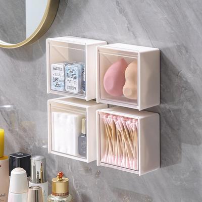 Wandmontierte Flip-Aufbewahrungsbox für das Badezimmer – Stanzfreier Organizer für Wattestäbchen, Wattepads, Lippenstifte und Accessoires.