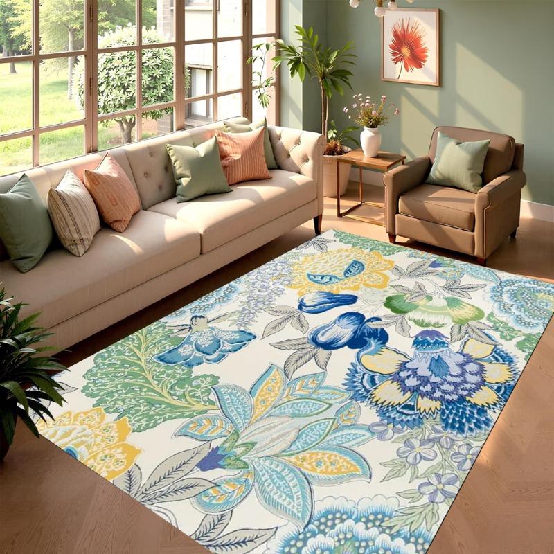 Vintage Floral Pattern Area Rug Plants Flowers Artistic Home Decor Carpet Soft Non-Slip Floor Mat for Living Room Bedroom