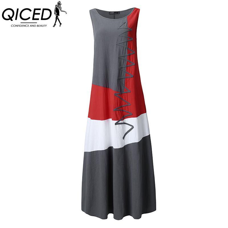 QICED Women Cotton Sleeveless O-Neck Summer Vintage Print Long Dress