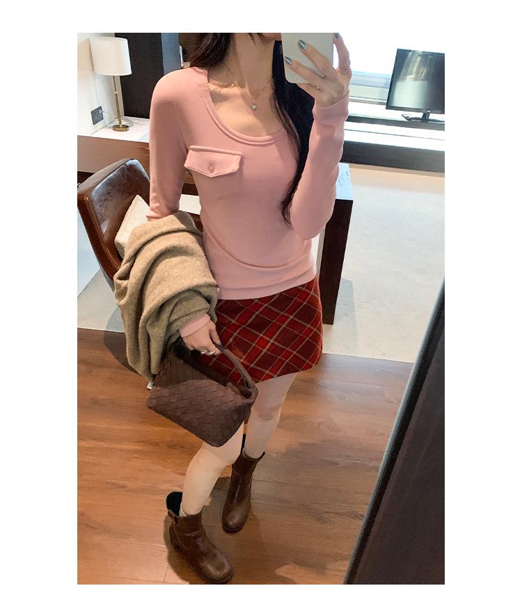 Korean Style Pink U-Neck Slimming Long-Sleeve Women's Base Layer Top for Autumn/Winter