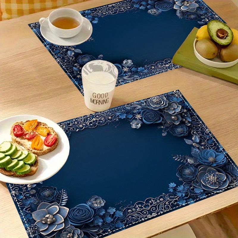 2/4pcs Blue Floral Placemat, 12X18 Inch Polyester Rectangular Table Mat, Machine Washable Woven Dining Decoration for Home Kitchen, Restaurant,
