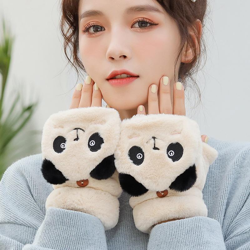 Winter ladies cute cartoon gloves half finger flip panda plush thickened warm full finger dual-purpose gloves