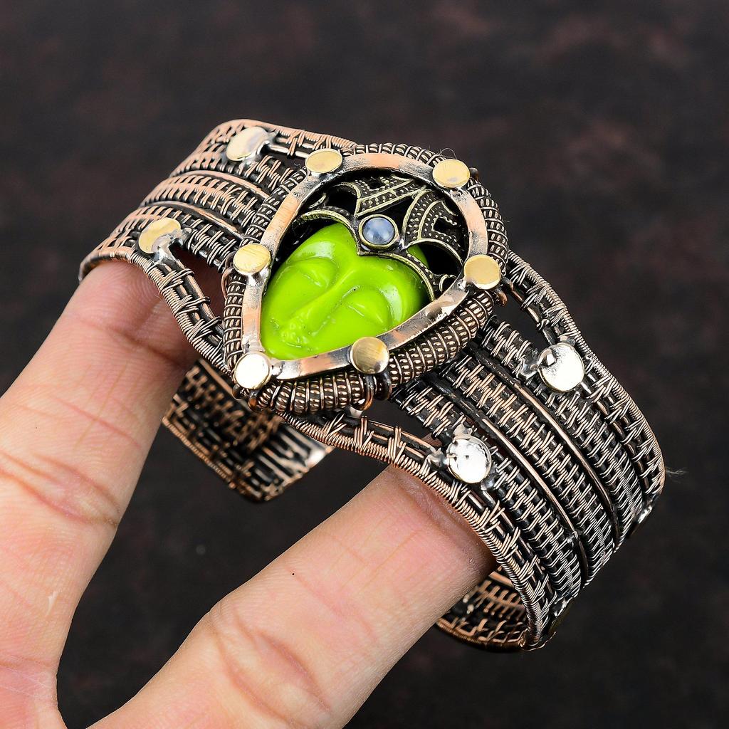 Green Carved Bone Face Cuff Bracelet Copper Wire Wrapped Bangle Adjustable Cuff Handmade Rainbow Moonstone Bangle Gemstone Jewelry For Gift