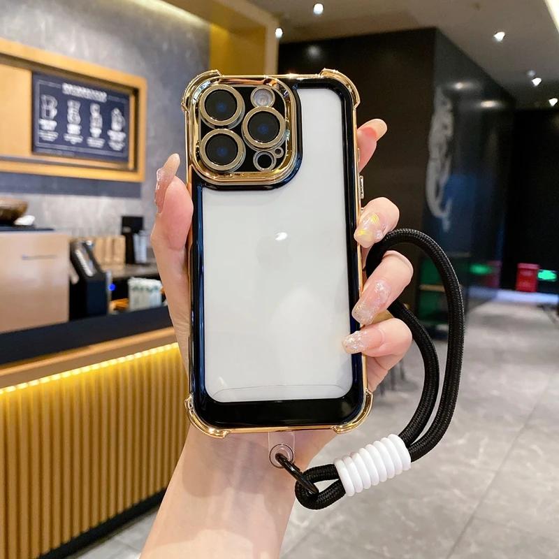 Luxury Electroplate With Lanyard Transparent Phone Case For For Iphone 15 14 13 12 11 16 Pro Max Plus Bumper Shockproof Clear Cover